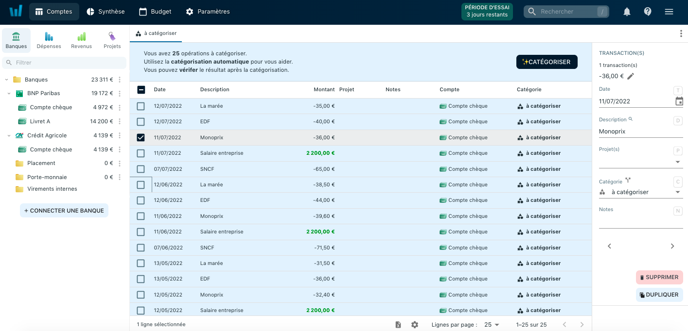 Toutes vos transactions à catégoriser